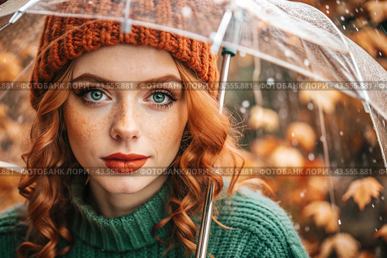 Autumn portrait in the rain. Close-up of a young red-haired woman with expressive green eyes in a knitted hat under an umbrella. Стоковое AI-изображение, AI-художник Photojuli / Фотобанк Лори