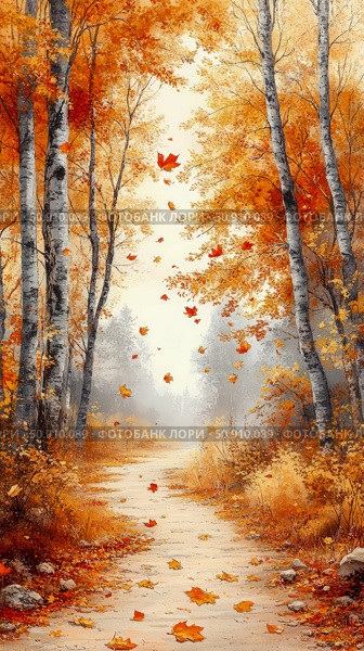 Autumn Scenic: A tranquil path through a birch forest with falling leaves, painted in warm amber and gold tones, conveying peace and serenity. Стоковое AI-изображение, AI-художник Данила Большаков / Фотобанк Лори