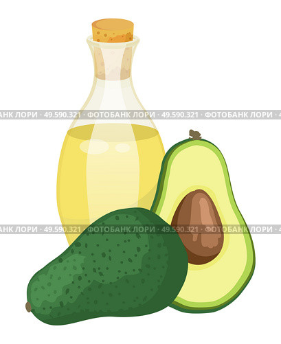 Avocado oil and fruit, isolated jar with oily essence for hair growth and skincare. Liquid full of vitamins and nutrients for skin or body. Fresh organic product for health and beauty, vector in flat. Avocado Fruit and Oil in Jar, Cosmetics Essence. Стоковая иллюстрация, агентство Ingram Publishing / Фотобанк Лори