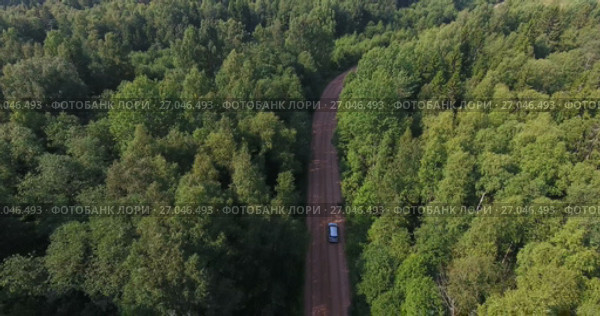 Автомобиль едет по лесной дороге, вид сверху. Стоковое видео, видеограф Кекяляйнен Андрей / Фотобанк Лори
