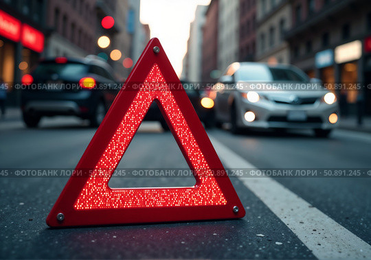 Автомобильная авария на дороге и знак аварийной остановки. A car accident on the road and an emergency stop sign. Стоковое AI-изображение, AI-художник Смирнова Светлана / Фотобанк Лори