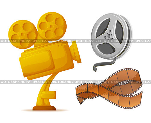 Award for best producer and cameraman vector, golden reward in form of camera with bobbins, isolated trophy and stripe recorded tape with shots set. Gold Camera Award for Movie Winner Prize Reel. Стоковая иллюстрация, агентство Ingram Publishing / Фотобанк Лори