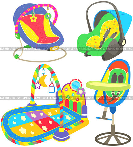Baby care objects, newborn supplies. Devices for pastime of mother with child. Items for development, feeding and transportation of children. Highchair, developing rug, chaise longue and car seat. Items for development, feeding and transportation of children. Baby care objects, newborn supplies. Стоковая иллюстрация, агентство Ingram Publishing / Фотобанк Лори