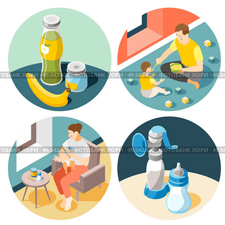Baby feeding products breastfeeding accessories tips 4 round isometric compositions with pump bottles banana puree vector illustration. Стоковая иллюстрация, агентство Ingram Publishing / Фотобанк Лори