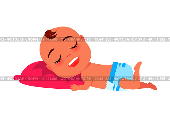 Baby infant in diaper sleeping on pink pillow, little person resting on couch vector illustration with little child isolated on white background. Baby Infant in Diaper Sleeps on Pink Pillow Vector. Стоковая иллюстрация, агентство Ingram Publishing / Фотобанк Лори