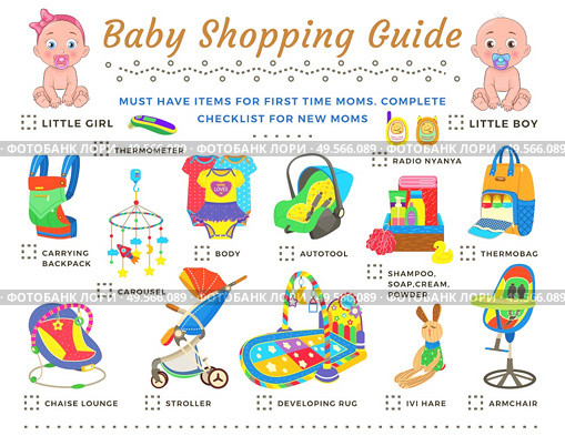 Baby shopping guide. Items for first time moms. Colorful complete checklist for new mommies. Developing rug, radio nyanya, carrying bag, stroller vector. Objects for newborn baby. Guide for new mother. Baby Shopping Guide Checklist Vector Illustration. Стоковая иллюстрация, агентство Ingram Publishing / Фотобанк Лори