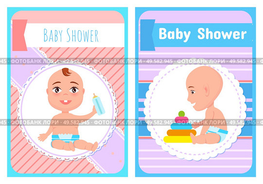 Baby shower poster, newborn with bottle of milk or water in hands, infant constructing pyramid. Children in diaper, smiling toddlers in round frame. Baby Shower Newborn with Bottle, Construct Pyramid. Стоковая иллюстрация, агентство Ingram Publishing / Фотобанк Лори