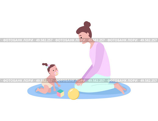 Baby with mother vector, woman sitting on mat playing with toys, small girl wearing diaper and funny hairstyle. Parental care and happy moments. Mother Playing with Small Kid, Woman and Baby. Стоковая иллюстрация, агентство Ingram Publishing / Фотобанк Лори