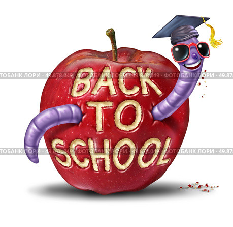 Back to school apple with a fun worm character wearing a graduation cap who has eaten the words from the fruit as an education and learning concept for kids and children who are in elementary or secondary schooling. Стоковое фото, агентство Ingram Publishing / Фотобанк Лори