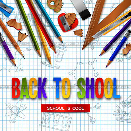 Back to school design concept with wooden sharpened pencils and stationery scattered on checkered sheet of notebook realistic vector illustration . Back To School Design Concept. Стоковая иллюстрация, агентство Ingram Publishing / Фотобанк Лори