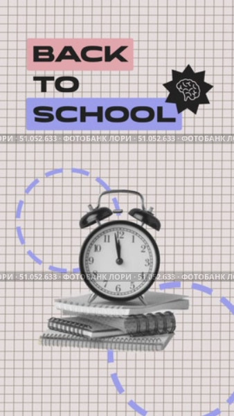 Back to school preparation with alarm clock and notebooks displayed on a grid background. Стоковое видео, видеограф Сергей Толмачёв / Фотобанк Лори