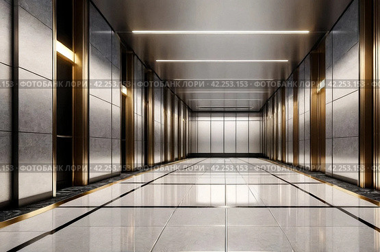 Background of interior floor of elevator platform with elevators and sunlight in business center. Modern steel elevator cabin in house or multi-apartment skyscraper. Copy space for site. Стоковое AI-изображение, AI-художник Aleksandr Golubev / Фотобанк Лори