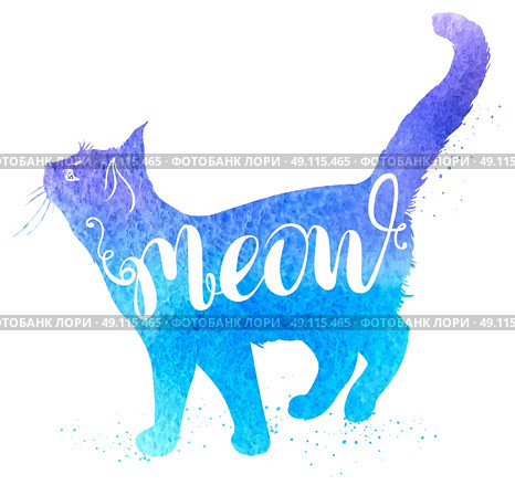 Background with blue watercolor cat and lettering "Meow". Hand drawn vector illustration. Стоковая иллюстрация, агентство Ingram Publishing / Фотобанк Лори