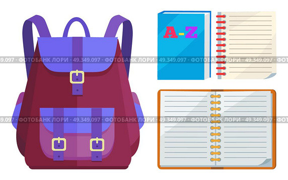 Backpack for Kids with ABC Open Copybook Vector. Rucksack unisex in purple and blue colors with big pocket and metal fasteners and open ABC copybook vector illustration isolated on white. Стоковая иллюстрация, агентство Ingram Publishing / Фотобанк Лори