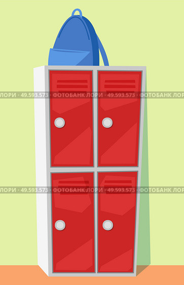 Backpack on locker, school element, case for keeping objects. Haversack and red storage in school, nobody educational place, luggage and chest vector. Rucksack on Locker, Backpack and Storage Vector. Стоковая иллюстрация, агентство Ingram Publishing / Фотобанк Лори