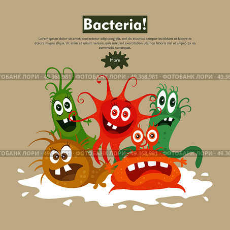 Bacteria web banner. Group of funny colorful microbes cartoon characters vector illustrations. Smiling and scary virus, pathogen cell, germ, parasite. For medical, hygienic, science web page design. Bacteria Flat Cartoon Vector Web Banner. Bacteria Flat Cartoon Vector Web Banner. Стоковая иллюстрация, агентство Ingram Publishing / Фотобанк Лори