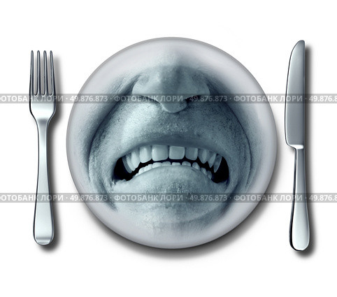 Bad service experience at an awful restaurant with a fork and knife and a plate whith a disgusted grossed out and disgruntled customer expression that has nausea or food poisoning. Стоковое фото, агентство Ingram Publishing / Фотобанк Лори