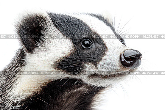 Badger close-up on a white background. Its black and white fur with characteristic stripes is clearly visible, and its wet nose shines in the light. The animal has expressive eyes and detailed fur texture. The badger looks curious and alert, creating a feeling of natural wilderness. Стоковое AI-изображение, AI-художник Анна Кривицкая / Фотобанк Лори