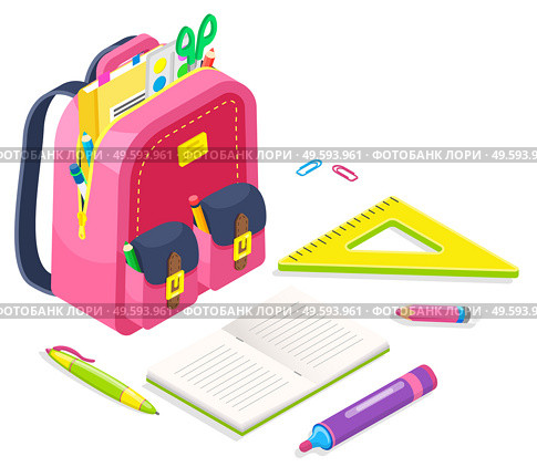 Bag with supplies for lessons vector, back to school concept. Isometric cartoon of pink satchel with scissors and printed material for classes. Textbook and pencil, ruler and eraser with clips in sack. Pink Satchel with School Supplies, Bag with Books. Стоковая иллюстрация, агентство Ingram Publishing / Фотобанк Лори
