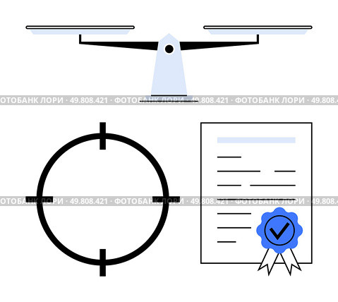Balanced scales, target focus, and certified document with ribbon and checkmark. Ideal for business accuracy, legal matters, standards compliance, quality assurance, decision making, goal setting. Balanced Scales, Target Focus, Certified Document, Concept of Precision and Fairness. Стоковая иллюстрация, агентство Ingram Publishing / Фотобанк Лори