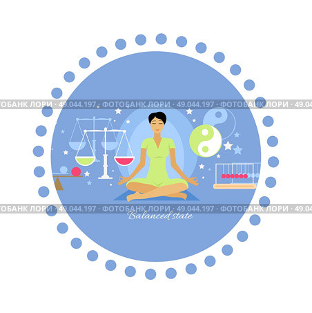 Balanced state woman icon flat isolated.  Person meditation yoga, healthcare and mood, expression feeling mental, pose relax, thinking and harmony, lifestyle emotion illustration. Стоковая иллюстрация, агентство Ingram Publishing / Фотобанк Лори