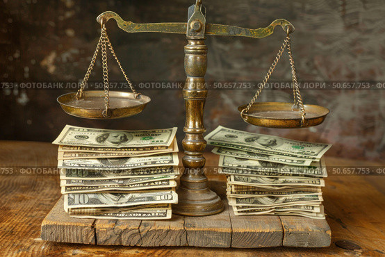 Balancing money and justice, weighing financial concepts on vintage scales. Стоковое AI-изображение, AI-художник Иван Рябоконь / Фотобанк Лори