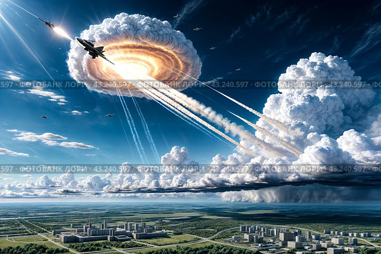 Ballistic military missile in blue sky with clouds, rocket launch trace. Anti-aircraft defense by military complexes, military aid, protection of sky. War concept on Earth. Copy ad text space. Стоковое AI-изображение, AI-художник Aleksandr Golubev / Фотобанк Лори