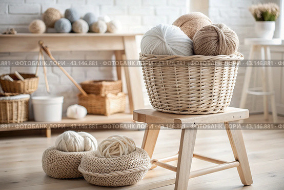 Balls of yarn in a wicker basket in white and beige tones. Needlework, textiles, knitting. Winter season, small business, handmade clothes. Стоковое AI-изображение, AI-художник Photojuli / Фотобанк Лори