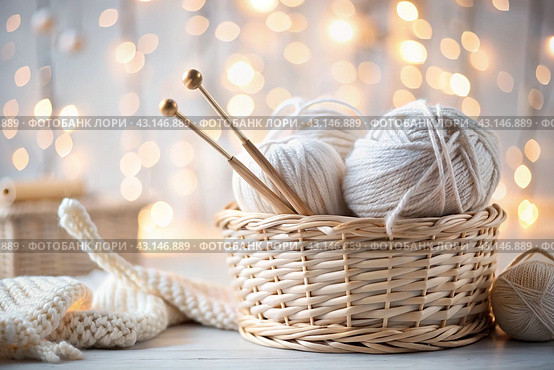 Balls of yarn in a wicker basket in white and beige tones. Needlework, textiles, knitting. Winter season, small business, handmade clothes. Стоковое AI-изображение, AI-художник Photojuli / Фотобанк Лори