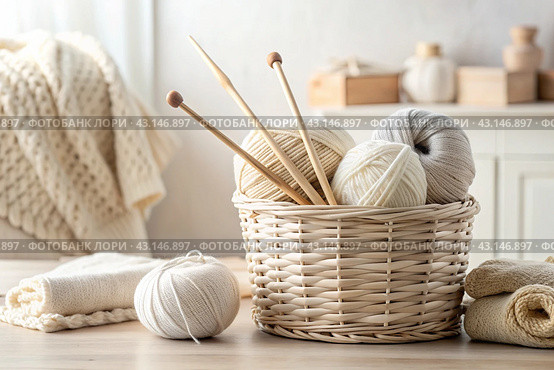 Balls of yarn in a wicker basket in white and beige tones. Needlework, textiles, knitting. Winter season, small business, handmade clothes. Стоковое AI-изображение, AI-художник Photojuli / Фотобанк Лори