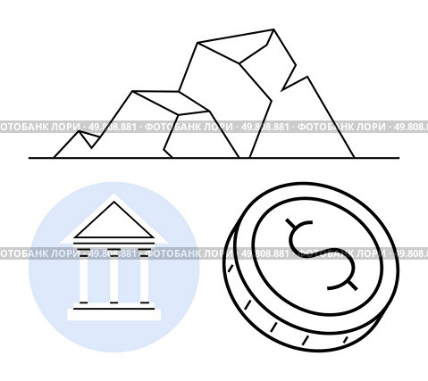 Bank building, stack of money coins, and geometric mountain graph. Ideal for finance, banking, investment, economics, savings financial planning and economic growth. Line metaphor. Financial growth vector with bank building, stack of money coins, and increasing graph. Стоковая иллюстрация, агентство Ingram Publishing / Фотобанк Лори