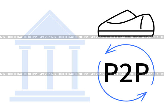 Bank building, wallet, and circular arrows around P2P text signifying peer-to-peer transactions. Ideal for finance, online payments, cryptocurrency, money transfer, banking apps, fintech services. Peer-to-Peer Payment Concept with Bank Building, Arrows Surrounding P2P and Wallet Icon. Стоковая иллюстрация, агентство Ingram Publishing / Фотобанк Лори
