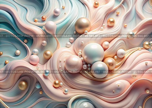 Banner, flyer. Abstract, dreamy, watercolor background with waves, streaks, liquid streams of pastel pink, blue and pearls. Стоковое AI-изображение, AI-художник Photojuli / Фотобанк Лори