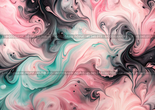 Banner, flyer. Abstract, dreamy, watercolor background with waves, streaks, liquid streams of pink, blue and black, and pearls. Стоковое AI-изображение, AI-художник Photojuli / Фотобанк Лори