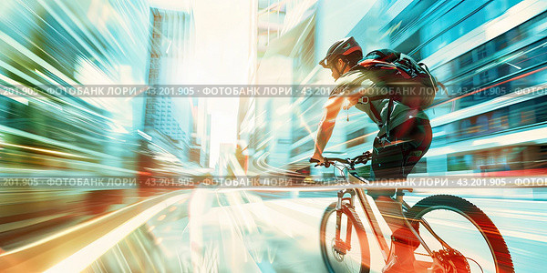 Banner with selective focus of a male businessman riding a bicycle around the city. Стоковое AI-изображение, AI-художник Ярославский Максим / Фотобанк Лори