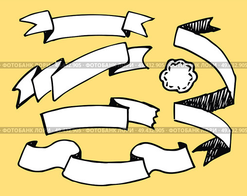 Banners and sketches of hand drawn elements, ribbons created for filling with text and phrases, vector illustration isolated on yellow background. Banners Sketches Hand Drawn Vector Illustration. Стоковая иллюстрация, агентство Ingram Publishing / Фотобанк Лори
