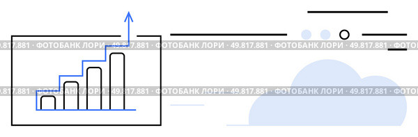 Bar chart with increasing values and upward arrow next to expanding clouds. Ideal for business growth, data analysis, cloud computing, success, progress tracking, performance measurement. Bar chart with upward arrow and expanding cloud shapes suggesting growth and data analysis. Стоковая иллюстрация, агентство Ingram Publishing / Фотобанк Лори
