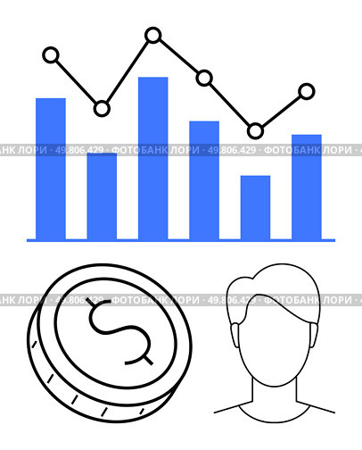 Bar graph with data points, coin with dollar symbol, human avatar outline. Ideal for financial analysis, market insights, business growth, investment planning, economic forecasting, digital finance. Financial Growth Analysis with Bar Graph, Coin, and Human Avatar for Market Insights. Стоковая иллюстрация, агентство Ingram Publishing / Фотобанк Лори
