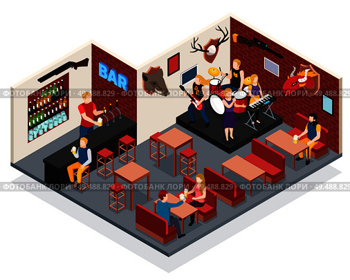 Bar with live music isometric composition with singer and musicians drummer guitarist keyboard player vector illustration. Стоковая иллюстрация, агентство Ingram Publishing / Фотобанк Лори