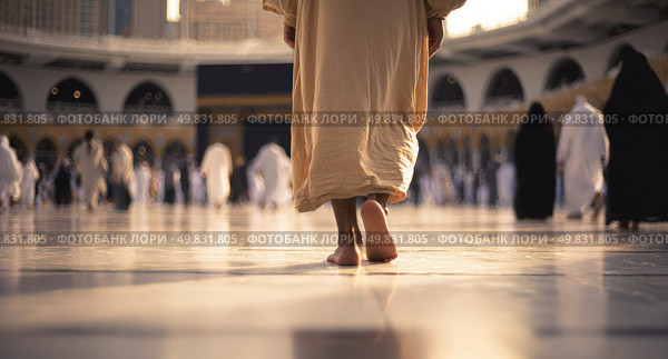 Barefoot pilgrim walking toward Kaaba during Hajj in Mecca captures devotion, spirituality, tradition and sacred Islamic journey in holy mosque at sunrise. Стоковое AI-изображение, AI-художник Катерина Бондарец / Фотобанк Лори