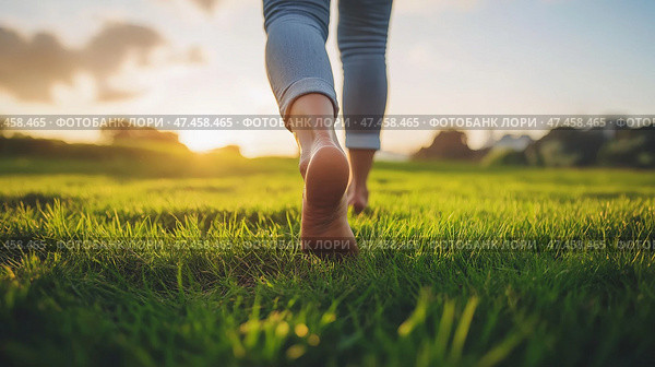 Barefoot walking on green grass during sunset in a serene park. Человек идет босиком по сочной зеленой траве на фоне заходящего солнца, создавая умиротворяющую атмосферу. Этот момент передает связь с природой и спокойствие. Стоковое AI-изображение, AI-художник Katsiaryna Repich / Фотобанк Лори