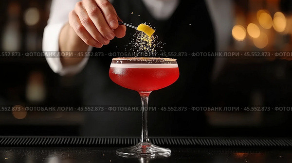 Bartender preparing a cocktail with a citrus garnish in a stylish bar at night. Стоковое AI-изображение, AI-художник Сергей Толмачёв / Фотобанк Лори