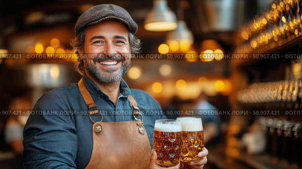 Bartender Serving Craft Beers at a Lively Brewpub During the Evening. Стоковое AI-изображение, AI-художник Юлия Гапеенко / Фотобанк Лори