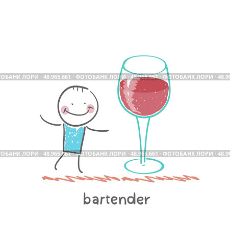 bartender stands next to a large glass of wine. Стоковая иллюстрация, агентство Ingram Publishing / Фотобанк Лори
