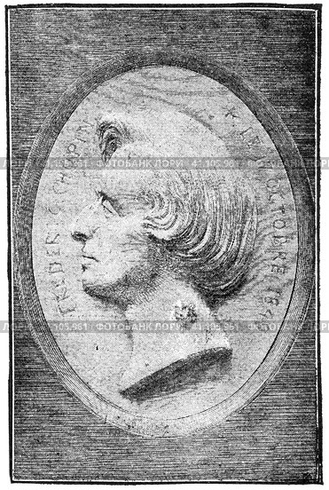Bas-relief in the form of a medallion on the grave of Frederic Chopin in the Pere Lachaise Cemetery, Paris. Illustration of the 19th century. White background. Стоковая иллюстрация, иллюстратор Sergey Kohl / Фотобанк Лори
