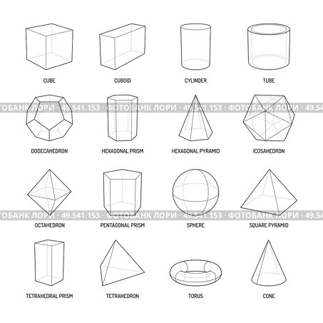 Basic stereometry shapes line set of cuboid octahedron pyramid prism cube cone cylinder torus isolated vector illustration. Стоковая иллюстрация, агентство Ingram Publishing / Фотобанк Лори