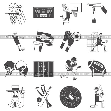 Basketball cricket and football competitive matches team sport attributes symbols icons collection black abstract vector isolated illustration. Team sport icons set black. Стоковая иллюстрация, агентство Ingram Publishing / Фотобанк Лори