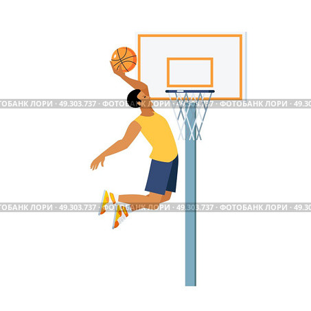 Basketball Jump Illustration. Young man doing basketball jump slam dunk near backboard with hoop on white background vector illustration. Стоковая иллюстрация, агентство Ingram Publishing / Фотобанк Лори
