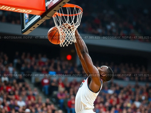 Basketball player is in mid-air, attempting to dunk the ball. Стоковое AI-изображение, AI-художник Sergey Grishin / Фотобанк Лори