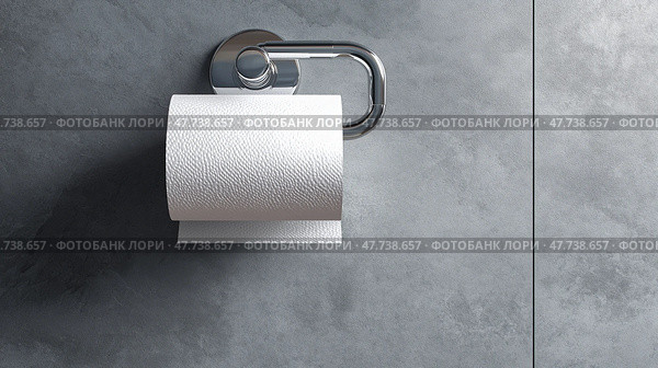 Bathroom setting with a minimalist toilet and toilet paper roll on wall. Обстановка ванной комнаты с минималистичным туалетом и рулоном туалетной бумаги на стене. Стоковое AI-изображение, AI-художник Katsiaryna Repich / Фотобанк Лори
